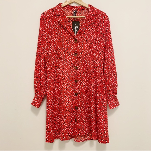NEW ASOS Red Button Down Collared Long Sleeve Print Dress Medium - Picture 3 of 8